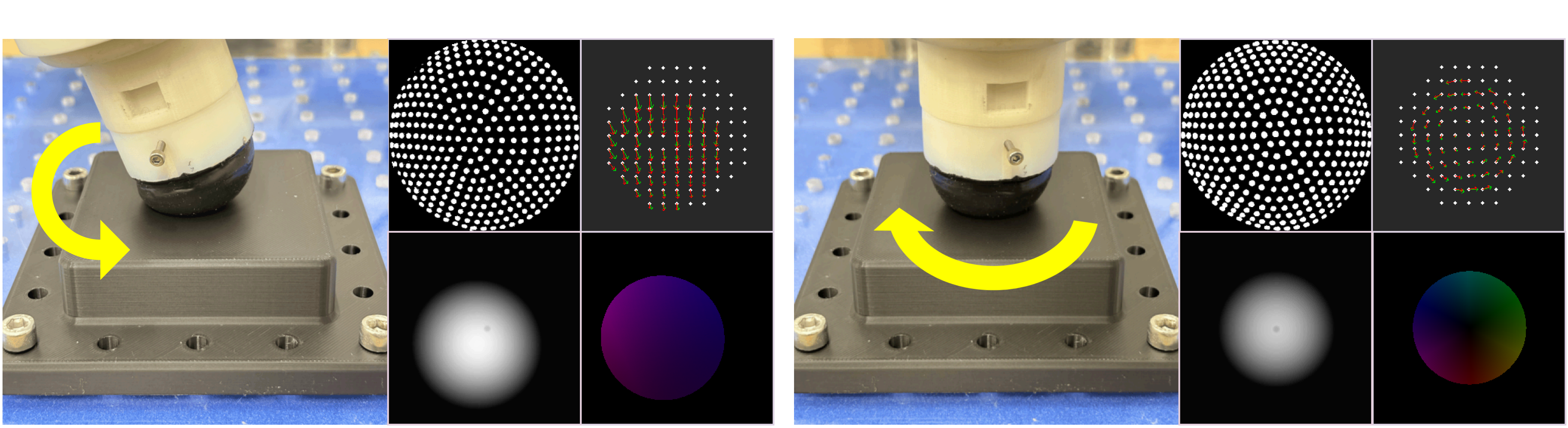 Tactile flow data collection in real-world and simulated settings, second row.